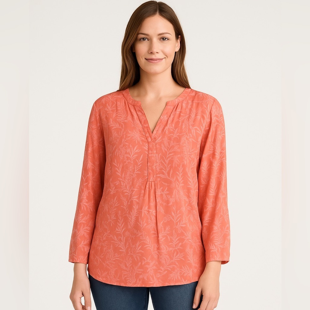 🌺 Gloria Vanderbilt Coral Floral Peasant Blouse Women’s Large 3/4 length sleeve